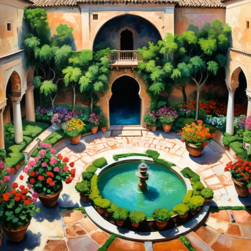 courtyard,inside courtyard,patio,hacienda,monastery garden,alhambra,garden of the fountain,alcazar of seville,riad,decorative fountains,persian architecture,gardens,winter garden,alcazar,secret garden of venus,oasis,garden of plants,old fountain,floor fountain,water palace,Illustration,Vector,Vector 07