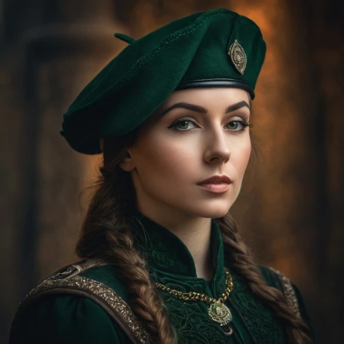 celtic queen,beret,girl in a historic way,irish,miss circassian,victorian lady,military officer,ukrainian,fantasy portrait,lithuania,the hat of the woman,girl wearing hat,vintage female portrait,tudor,portrait photography,military uniform,young woman,woman portrait,russian folk style,vintage woman,Photography,General,Fantasy