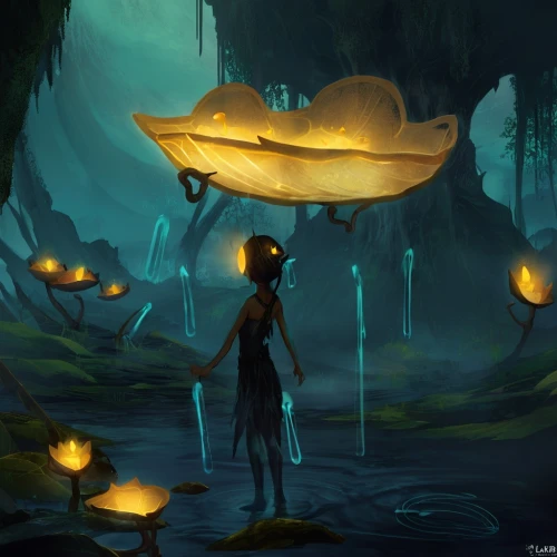 nuphar,umbrella mushrooms,mushroom landscape,mushroom island,fireflies,phyllobates,fairy lanterns,lanterns,toadstools,nuphar lutea,firefly,water lotus,lampion,yellow mushroom,forest mushroom,forest mushrooms,bioluminescence,lantern,mushroom hat,witches boletus,Conceptual Art,Fantasy,Fantasy 02