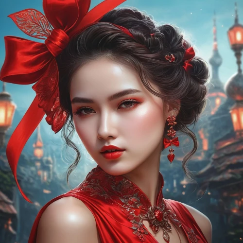 fantasy portrait,oriental princess,fantasy art,oriental girl,romantic portrait,fairy tale character,fantasy picture,red bow,lady in red,chinese art,mystical portrait of a girl,red rose,oriental,world digital painting,geisha girl,queen of hearts,red gift,geisha,mulan,red lantern,Photography,Documentary Photography,Documentary Photography 37