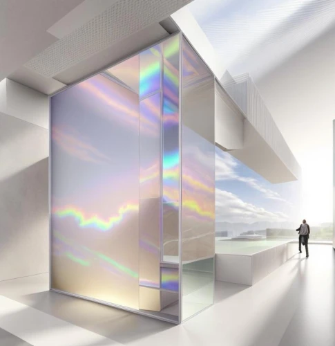 futuristic art museum,glass wall,plexiglass,sky space concept,light spectrum,prismatic,light space,glass facade,mirror house,mists over prismatic,daylighting,prism,light phenomenon,artscience museum,a museum exhibit,exhibit,art museum,structural glass,glass blocks,virtual landscape