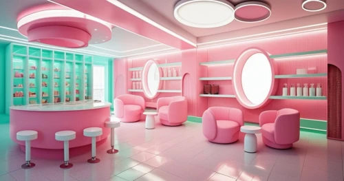 beauty room,cosmetics counter,beauty salon,ice cream shop,soda shop,ice cream parlor,retro diner,soda fountain,salon,cosmetics,ufo interior,barber shop,soda machine,cake shop,soap shop,pink vector,candy bar,baby room,neon candies,pastry shop,Photography,General,Realistic