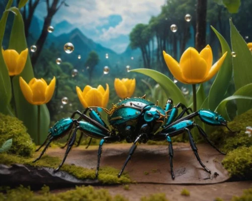 jewel beetles,shield bugs,diorama,jewel bugs,chrysops,insects,ants wiesenknopf bluish,stag beetles,forest beetle,cuckoo wasps,bugs,beetles,sunflowers and locusts are together,blue-winged wasteland insect,ants,arthropods,3d fantasy,scarab,brush beetle,elephant beetle