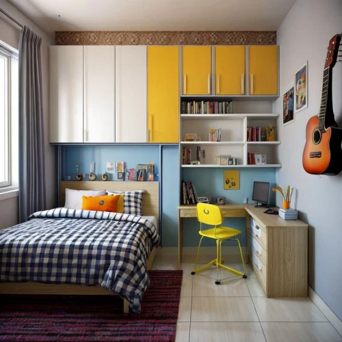 boy's room picture,kids room,children's bedroom,room divider,modern room,great room,bookcase,yellow and blue,an apartment,danish room,shared apartment,the little girl's room,guestroom,sleeping room,bedroom,one-room,yellow wall,baby room,storage cabinet,yellow wallpaper