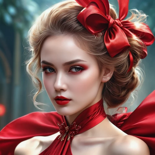 red bow,red rose,lady in red,red petals,red magnolia,red roses,romantic portrait,fantasy portrait,red flower,red gift,queen of hearts,red ribbon,fantasy art,red gown,red carnations,red butterfly,red berries,shades of red,red carnation,world digital painting,Photography,General,Realistic