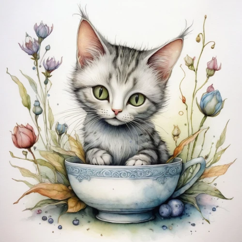 watercolor cat,tea party cat,blossom kitten,flower cat,teacup,cat drinking tea,drawing cat,kitten asleep in a pot,in the bowl,watercolor baby items,cute cat,tabby kitten,silver tabby,kitten,girl with cereal bowl,gray kitty,cat portrait,cat image,flower bowl,teacup arrangement,Illustration,Abstract Fantasy,Abstract Fantasy 06