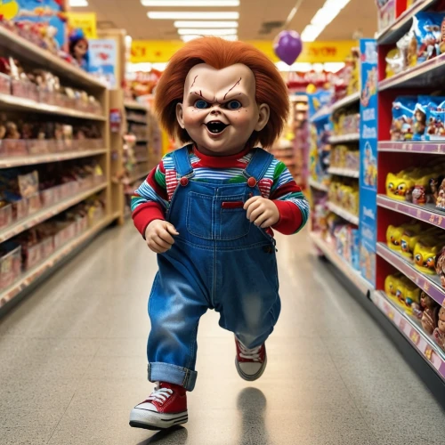 it,toy store,child's play,monchhichi,killer doll,toy shopping cart,collectible doll,doll head,scary clown,horror clown,shopping icon,eleven,doll's head,child monster,voo doo doll,supermarket shelf,child's toy,baby toy,shopper,dwarf,Photography,General,Realistic