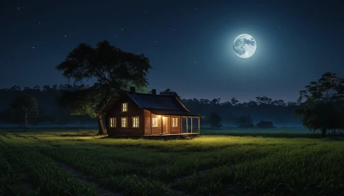 lonely house,moonlit night,home landscape,little house,small house,night scene,small cabin,wooden house,beautiful home,house in the forest,summer cottage,miniature house,moonlit,night image,evening atmosphere,landscape background,moonshine,cottage,moonlight,house silhouette,Photography,General,Realistic