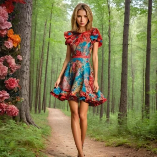 girl in flowers,floral dress,country dress,ballerina in the woods,vintage floral,colorful floral,a girl in a dress,day dress,vintage dress,women fashion,doll dress,beautiful girl with flowers,girl in a long dress,floral poppy,deep coral zinnia,cocktail dress,floral,girl with tree,flowery,enchanted forest,Female,Eastern Europeans,Disheveled hair,Youth adult,M,Mini Skirt,Outdoor,Forest