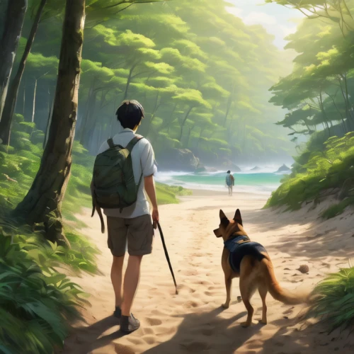 dog hiking,boy and dog,beach walk,walking dogs,companion dog,forest walk,studio ghibli,backpacking,hikers,hiker,travelers,walk on the beach,dog walking,hiking,hiking path,trail,walk,australian kelpie,beach scenery,landscape background