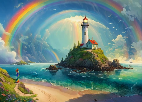 fantasy picture,rainbow background,lighthouse,rainbow at sea,rainbow bridge,fantasy landscape,rainbow pencil background,rainbow,world digital painting,light house,delight island,fantasy art,rainbow and stars,electric lighthouse,petit minou lighthouse,rainbow colors,rainbow clouds,pot of gold background,unicorn and rainbow,colors rainbow,Illustration,Realistic Fantasy,Realistic Fantasy 05