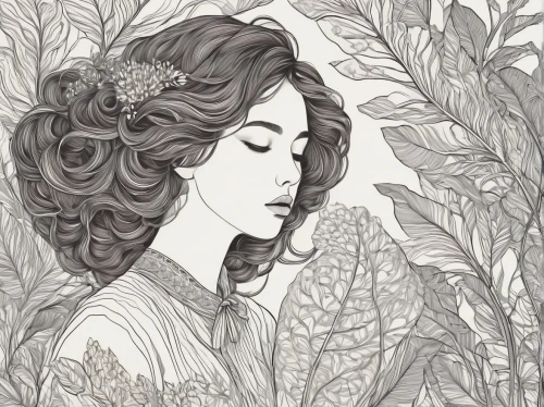 mucha,girl in flowers,flora,vintage drawing,dryad,overgrown,kahila garland-lily,girl in the garden,scent of jasmine,wilted,flower and bird illustration,hand-drawn illustration,leaf drawing,jasmine blossom,girl in a wreath,vintage botanical,undergrowth,bunches of rowan,orange blossom,background ivy,Illustration,Black and White,Black and White 16