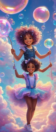 fairies aloft,rainbow clouds,little girl with balloons,soap bubbles,twirls,fantasy picture,bubble mist,little girl twirling,pink balloons,heart chakra,afro american girls,bubbletent,chakras,soap bubble,little girl ballet,cotton candy,psychedelic art,twirling,rose quartz,wonderland,Illustration,Realistic Fantasy,Realistic Fantasy 06