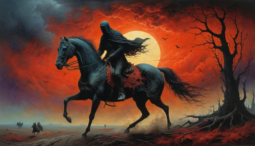 black horse,horseman,bronze horseman,dance of death,horse-heal,man and horses,fire horse,blackmetal,carpathian,blood moon eclipse,scythe,horsemen,fantasy picture,blood moon,two-horses,horseback,fantasy art,alpha horse,equine,cavalry,Conceptual Art,Oil color,Oil Color 03