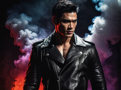 daemon,lucifer,smouldering torches,power icon,the archangel,edit icon,black crow,smoke background,terminator,main character,leather jacket,ten,fire background,photoshop manipulation,combustion,dark angel,fire devil,black leather,book cover,dark art,Illustration,Realistic Fantasy,Realistic Fantasy 08