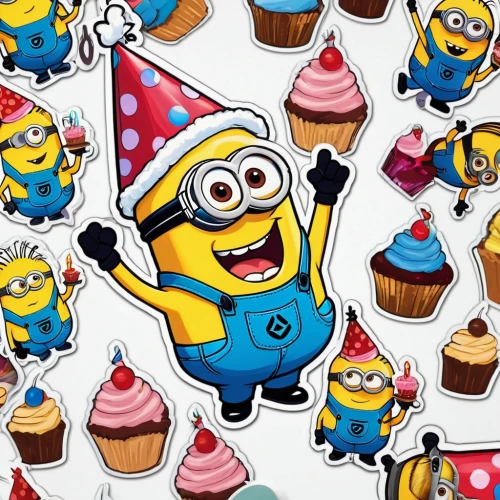 minions,minion,birthday background,birthday banner background,cupcake background,cupcake paper,dancing dave minion,clipart cake,cupcake pattern,minion tim,happy birthday background,cute cartoon image,party icons,cupcake tray,cupcakes,seamless pattern,sheet cake,children's birthday,cute cartoon character,birthday items,Unique,Design,Sticker