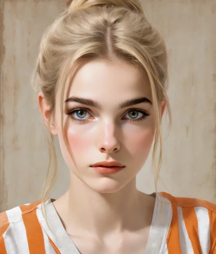 portrait of a girl,girl portrait,realdoll,natural cosmetic,portrait background,clementine,young woman,doll's facial features,beautiful face,vintage makeup,pale,angelica,pretty young woman,mystical portrait of a girl,blonde woman,romantic look,woman face,digital painting,blonde girl,orange color,Digital Art,Classicism