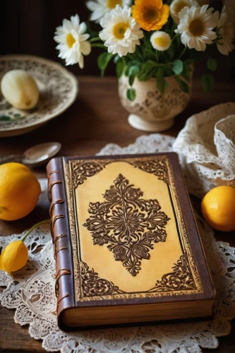 recipe book,prayer book,cooking book cover,book antique,koran,bookmark with flowers,magic grimoire,quran,antique background,tabletop photography,wooden plate,card table,magic book,persian norooz,old cooking books,parchment,hymn book,antique table,cuttingboard,book cover,Art,Classical Oil Painting,Classical Oil Painting 22