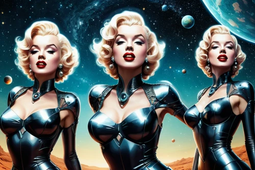 retro pin up girls,pin-up girls,pin up girls,atomic age,pin ups,asteroids,latex clothing,cosmonautics day,retro women,celestial bodies,trinity,sci fi,angels of the apocalypse,birds of prey,birds of prey-night,sci fiction illustration,andromeda,callisto,space tourism,the three graces,Conceptual Art,Sci-Fi,Sci-Fi 05