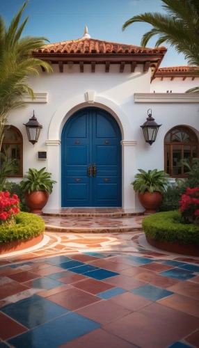 spanish tile,florida home,exterior decoration,blue doors,luxury home,garage door,ceramic floor tile,front door,beautiful home,clay tile,ceramic tile,blue door,garden door,luxury property,plantation shutters,hacienda,stucco wall,house entrance,security lighting,the threshold of the house,Illustration,Abstract Fantasy,Abstract Fantasy 22