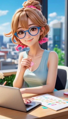 girl studying,girl at the computer,blur office background,office worker,work from home,illustrator,work at home,cute cartoon image,reading glasses,librarian,anime 3d,animator,secretary,cute cartoon character,bookkeeper,with glasses,writer,agnes,receptionist,bussiness woman,Illustration,Japanese style,Japanese Style 02