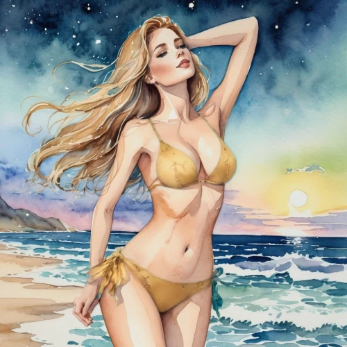 watercolor pin up,gold foil mermaid,beach background,fashion illustration,aphrodite,watercolor background,watercolor women accessory,watercolor mermaid,horoscope libra,two piece swimwear,watercolor painting,fantasy art,the sea maid,mermaid background,watercolor,golden sands,beach scenery,beach moonflower,water color,dream beach