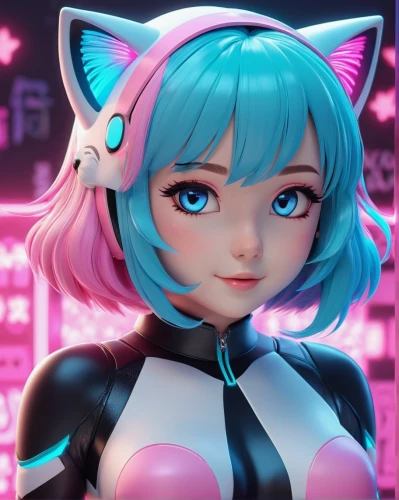 hatsune miku,cyan,miku,anime 3d,aqua,kotobukiya,fantasia,piko,cat eyes,vector girl,kat,cat's eyes,pink cat,kawaii,doll cat,cg artwork,kosmea,nova,feline,cat ears,Unique,3D,3D Character