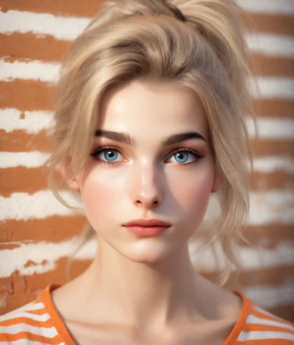 girl portrait,clementine,portrait background,natural cosmetic,orange,doll's facial features,realdoll,retro girl,portrait of a girl,elsa,blonde girl,female doll,blond girl,girl in a long,orange color,blonde woman,orange dahlia,fantasy portrait,angelica,cosmetic,Photography,Commercial