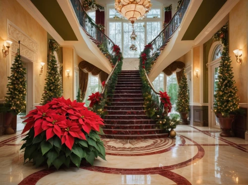 hallway,christmas gold and red deco,festive decorations,holiday decorations,christmas arrangement,christmas motif,beverly hills hotel,christmas decor,lobby,decorations,scandia christmas,hotel lobby,entrance hall,christmas border,gleneagles hotel,poinsettia,christmas flower,house entrance,decorated,grand floridian,Illustration,Realistic Fantasy,Realistic Fantasy 33