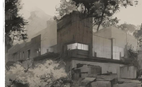 house in the forest,studies,house drawing,abandoned building,study,athens art school,abandoned place,concept art,dilapidated building,lost place,industrial ruin,graphite,drawing course,buildings,gray-scale,old factory,lostplace,warehouse,development concept,concrete plant,Art sketch,Art sketch,Concept