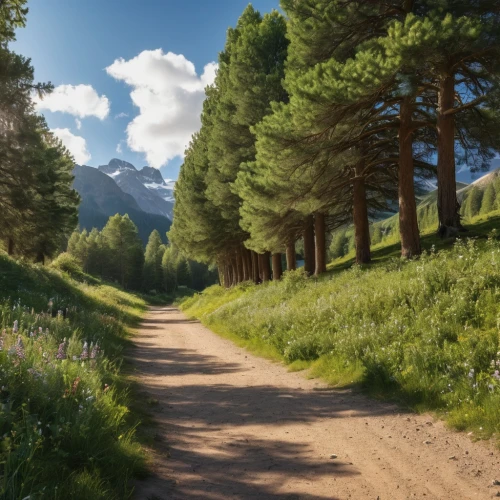 temperate coniferous forest,tree lined path,coniferous forest,hiking path,alpine route,mountain road,dirt road,forest road,forest path,pathway,salt meadow landscape,tropical and subtropical coniferous forests,country road,landscape background,background view nature,the mystical path,tree lined lane,fir forest,the way of nature,pine forest,Photography,General,Realistic