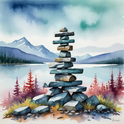 stacked rocks,stacking stones,cairn,rock cairn,rock stacking,stacked stones,stack of stones,rock balancing,stacked rock,background with stones,stone balancing,standing stones,mountain stone edge,stone pyramid,landscape background,chalk stack,balanced boulder,watercolor background,rock painting,split rock,Illustration,Paper based,Paper Based 25