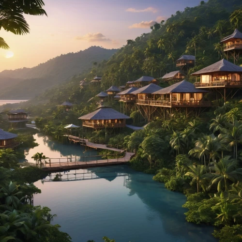 southeast asia,philippines,over water bungalows,thailand,indonesia,floating huts,bali,asian architecture,thai,philippines scenery,vietnam,borneo,philippines php,tree house hotel,eco hotel,stilt houses,thailad,tropical house,philippine,tahiti,Photography,General,Realistic