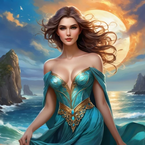 celtic woman,fantasy art,fantasy woman,fantasy picture,fantasy portrait,sorceress,mermaid background,celtic queen,world digital painting,aphrodite,moana,blue enchantress,the sea maid,the enchantress,heroic fantasy,mermaid vectors,merfolk,zodiac sign libra,the zodiac sign pisces,the wind from the sea,Illustration,Realistic Fantasy,Realistic Fantasy 01