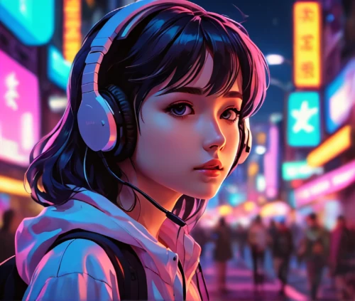 cyberpunk,music background,headphone,girl with speech bubble,echo,listening to music,retro girl,world digital painting,vector girl,headphones,shibuya,nico,headset,retro music,streaming,80s,tokyo city,girl portrait,anime girl,music player,Photography,General,Cinematic