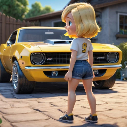 muscle car cartoon,bumblebee,girl and car,dodge ram rumble bee,dodge la femme,pontiac ventura,subaru brat,american muscle cars,muscle car,muscle icon,yellow car,pontiac tempest,ford maverick,70's icon,cartoon car,camaro,hot rod,datsun 510,dodge mirada,toy's story,Unique,3D,3D Character