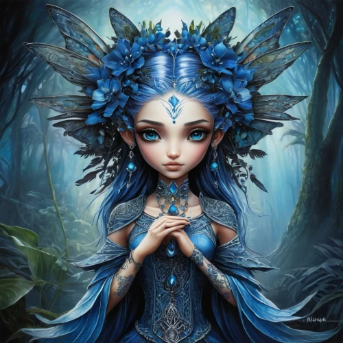 blue enchantress,faerie,faery,fantasy portrait,dryad,fae,fairy peacock,fantasy art,water nymph,fairy queen,child fairy,elven flower,little girl fairy,the enchantress,fantasy picture,flower fairy,evil fairy,mystical portrait of a girl,starflower,violet head elf,Illustration,Abstract Fantasy,Abstract Fantasy 14