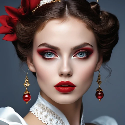 vintage makeup,bridal jewelry,victorian lady,romantic look,jeweled,red berries,bridal accessory,women's cosmetics,red russian,lady in red,queen of hearts,romantic portrait,rose white and red,diamond red,eyes makeup,jewellery,red lipstick,earrings,beauty face skin,red lips,Photography,Artistic Photography,Artistic Photography 03