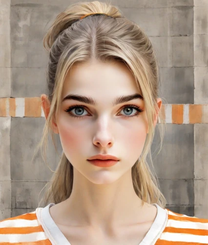 natural cosmetic,girl portrait,portrait of a girl,doll's facial features,portrait background,realdoll,pale,orange color,pupils,clementine,cosmetic,mystical portrait of a girl,blond girl,angelica,orange,young woman,bun,cinnamon girl,beauty face skin,heterochromia,Digital Art,Watercolor