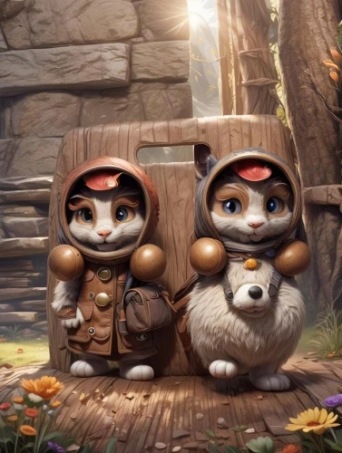 chinese tree chipmunks,couple boy and girl owl,game art,scandia gnomes,game characters,cg artwork,pubg mascot,toadstools,game illustration,raccoons,villagers,plush figures,cat family,two friends,knuffig,two cats,gnomes,chipmunk pokes,cute cartoon character,kittens