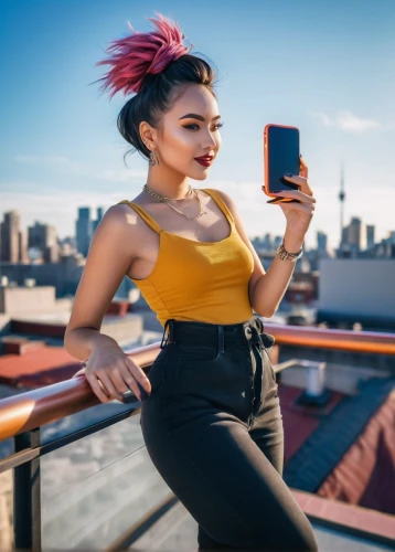 woman holding a smartphone,a girl with a camera,phone icon,on the roof,tiktok icon,blogger icon,colorful background,social media icon,htc,instagram icon,cyber monday social media post,taking photos,icon instagram,instagram icons,taking photo,female model,rooftop,yellow background,mobile camera,portrait background,Illustration,Japanese style,Japanese Style 21