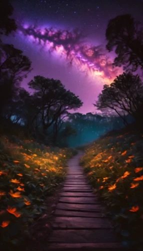 purple landscape,the mystical path,fantasy picture,fantasy landscape,fairy galaxy,pathway,the path,wall,wooden path,heaven gate,forest of dreams,forest path,landscape background,walkway,the way of nature,starscape,tree top path,alien world,the way,celestial phenomenon
