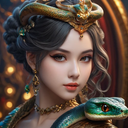 fantasy portrait,snake charming,fantasy art,oriental princess,dragon li,chinese dragon,emperor snake,golden dragon,3d fantasy,chinese art,fantasy picture,crocodile woman,emerald lizard,snake charmers,water snake,cleopatra,green dragon,fairy tale character,romantic portrait,chinese water dragon,Photography,General,Fantasy