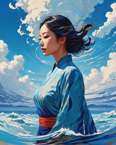 japanese waves,the wind from the sea,japanese wave,wind wave,japanese art,blue waters,chinese art,ocean blue,world digital painting,japanese woman,oriental painting,blue painting,sea breeze,ocean waves,ocean,blue water,the sea maid,little girl in wind,芦ﾉ湖,sea,Illustration,Vector,Vector 07