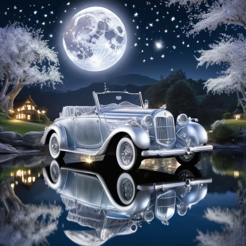 moon car,rolls-royce silver ghost,moon rover,classic cars,rolls-royce silver dawn,buick classic cars,vintage cars,classic car,american classic cars,vintage car,packard caribbean,antique car,oldtimer car,rolls-royce silver cloud,buick eight,moonlit night,moonshine,chrysler airflow,horch 853,moonlit,Illustration,Realistic Fantasy,Realistic Fantasy 02