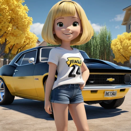 girl and car,muscle car cartoon,bumblebee,girl washes the car,yellow car,ford lightning,girl in t-shirt,cartoon car,opel record,yellow taxi,girl in car,datsun 510,dodge ram rumble bee,ford taunus,dodge la femme,agnes,opel record coupe,bumble-bee,opel captain,cute cartoon character,Unique,3D,3D Character