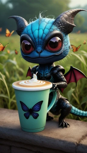 stitch,skylanders,crème brûlée,imp,skylander giants,teacup,hot drink,açaí na tigela,babycino,soy ice cream,tea,cute cartoon character,drinking yoghurt,cup of cocoa,drinking coffee,tea drinking,sip,ice cream,mocaccino,have a drink,Illustration,Abstract Fantasy,Abstract Fantasy 06