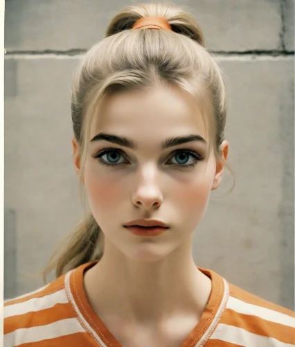 doll's facial features,vintage makeup,blond girl,vintage girl,portrait of a girl,pompadour,young woman,natural cosmetic,blonde girl,girl portrait,bun,female model,beautiful face,blonde woman,model beauty,clementine,girl in t-shirt,retro girl,pretty young woman,realdoll,Photography,Polaroid