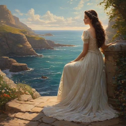 romantic portrait,girl in a long dress,idyll,emile vernon,mystical portrait of a girl,fantasy picture,landscape with sea,contemplation,landscape background,romantic scene,celtic woman,oil painting on canvas,summer evening,fineart,longing,girl on the river,oil painting,the sea maid,lover's grief,young woman,Photography,General,Natural
