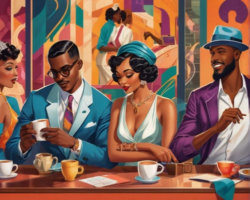 coffee tea illustration,the coffee shop,blues and jazz singer,coffeehouse,high tea,roaring twenties,black coffee,clue and white,retro diner,vintage illustration,coffee shop,game illustration,roaring twenties couple,magnolia family,tea party,roaring 20's,breakfast table,mahogany family,black businessman,afternoon tea,Illustration,Realistic Fantasy,Realistic Fantasy 21